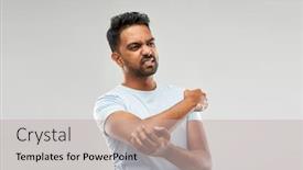  Presentation with unhappy - Slide deck with health problem and people concept - unhappy man suffering from pain in hand over grey background background and a mint green colored foreground