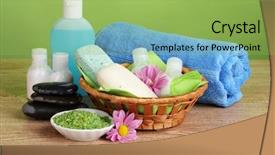  Presentation with hotel amenities - Audience pleasing presentation design consisting of health products - hotel amenities kit in basket backdrop and a yellow colored foreground