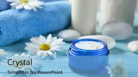  Presentation with face cream flower - Theme featuring health products - jar of body cream background and a  colored foreground
