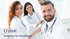  Presentation with medical students - PPT theme featuring health professional - portrait of aged male doctor background and a sky blue colored foreground