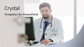  Presentation with computer - Amazing presentation having health professional - portrait of confident doctor using backdrop and a light gray colored foreground