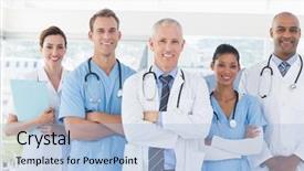  Presentation with multiracial team of young doctors stacking hands - Slide set featuring health professional - team of smiling doctors looking background and a light blue colored foreground