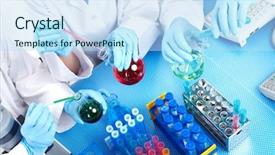  Presentation with team health - Presentation consisting of health research - science team working with microscopes background and a sky blue colored foreground