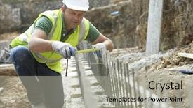  Presentation with worker safety - Colorful presentation design enhanced with health safety - construction worker laying foundations backdrop and a light gray colored foreground