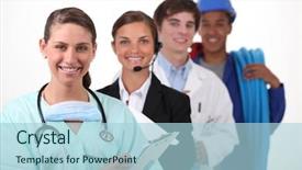  Presentation with work safety - Slide set enhanced with health safety - four people from different work background and a light blue colored foreground