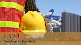  Presentation with construction site construction - PPT theme enhanced with health safety - man holding yellow helmet background and a gold colored foreground