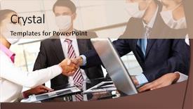  Presentation with shaking hands - Cool new PPT theme with health safety executie - business partners in protective mask backdrop and a  colored foreground