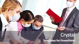  Presentation with mask - Slide set enhanced with health safety executie - serious businesswoman in protective mask background and a  colored foreground