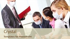  Presentation with laptop screen frame - Amazing presentation design having health safety executie - serious businesswoman in protective mask backdrop and a lemonade colored foreground