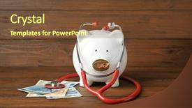  Presentation with piggy bank is evil - Slide set having health savings account - ceramic piggy bank with money background and a tawny brown colored foreground