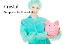  Presentation with piggy bank - PPT theme consisting of health savings account - female doctor with pink piggy background and a white colored foreground