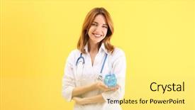  Presentation with piggy bank - PPT theme consisting of health savings account - happy young doctor holding piggy background and a yellow colored foreground