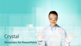  Presentation with biological disaster healthcare scientist - Cool new PPT theme with health scheme - image of young woman scientist backdrop and a  colored foreground