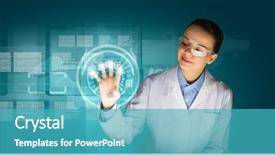  Presentation with scientist innovation - Presentation design consisting of health scheme - image of young woman scientist background and a  colored foreground
