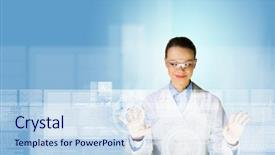  Presentation with media reporting - Colorful slides enhanced with health scheme - image of young woman scientist backdrop and a sky blue colored foreground