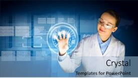  Presentation with media image - Slide set consisting of health scheme - image of young woman scientist background and a light blue colored foreground