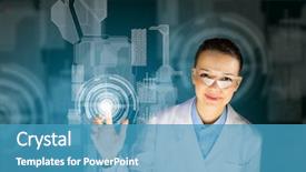  Presentation with media image - Audience pleasing PPT theme consisting of health scheme - image of young woman scientist backdrop and a teal colored foreground