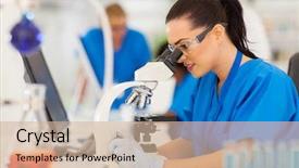  Presentation with microscope - Cool new PPT layouts with health science - beautiful young scientist using microscope backdrop and a soft green colored foreground