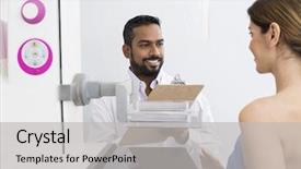  Presentation with test - Slides with health screening - doctor discussing with patient background and a light gray colored foreground