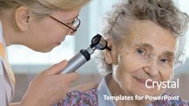  Presentation with exam - Presentation theme having health services - doctor performing ear exam background and a coral colored foreground