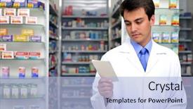  Presentation with prescription - Presentation having health services - hispanic pharmacist reading prescription background and a light blue colored foreground
