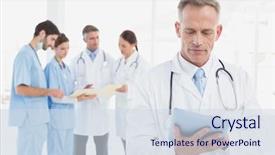  Presentation with covid19 and healthcare workers - PPT theme consisting of health services - serious doctor using his tablet background and a sky blue colored foreground