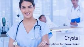  Presentation with patients - PPT theme consisting of health services - smiling doctor looking at camera background and a light blue colored foreground