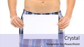  Presentation with white sheet - Slide deck featuring man in blue boxers holding sheet of paper with space for text on white background background and a light blue colored foreground