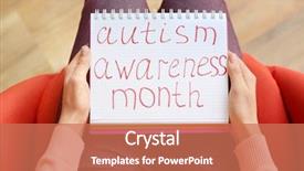  Presentation with autism awareness - PPT theme enhanced with problem definition - woman holding notebook with phrase background and a red colored foreground