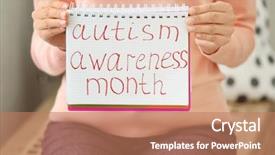  Presentation with autism awareness - PPT theme having problem definition - woman holding notebook with phrase background and a coral colored foreground