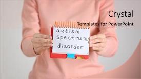  Presentation with light spectrum - Slides having problem definition - woman holding notebook with phrase background and a coral colored foreground
