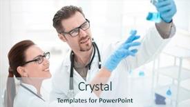  Presentation with election results - Slide set with health technics - close up researchers discuss background and a sky blue colored foreground