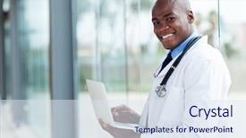  Presentation with african american in computer - Audience pleasing presentation theme consisting of portrait of afro american doctor backdrop and a sky blue colored foreground