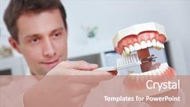  Presentation with odontology teeth mode - PPT layouts enhanced with health tips - dentist holding oversized teeth model background and a coral colored foreground