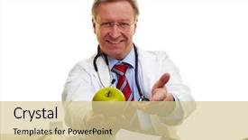  Presentation with green apple - Theme featuring health tips - happy senior doctor offering background and a soft green colored foreground