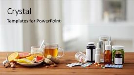  Presentation with traditional medicine medicine - Audience pleasing theme consisting of health traditional medicine and ethnoscience concept - natural and synthetic drugs on wooden table backdrop and a light gray colored foreground