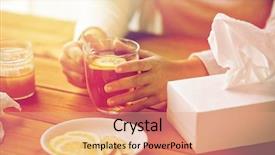  Presentation with traditional medicine medicine - Colorful PPT theme enhanced with health traditional medicine and ethnoscience concept - close up of ill woman drinking tea with lemon honey and ginger at wooden table backdrop and a coral colored foreground