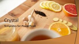  Presentation with traditional medicine medicine - Slides with health traditional medicine folk remedy and ethnoscience concept - cup of ginger tea with honey citrus and garlic on wooden background background and a coral colored foreground