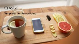  Presentation with traditional medicine medicine - Presentation theme having health traditional medicine folk remedy and ethnoscience concept - smartphone with cup of ginger tea honey and citrus on wooden board background and a lemonade colored foreground