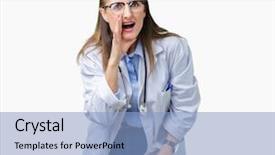 Presentation with medical hand - Beautiful presentation design featuring health voice - middle age mature doctor woman backdrop and a  colored foreground