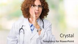  Presentation with middle ages portrait - Colorful PPT layouts enhanced with health voice - middle ager senior doctor woman backdrop and a  colored foreground