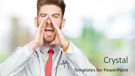  Presentation with medical robot hand and doctor - Theme having health voice - young handsome doctor man wearing background and a  colored foreground