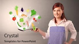  Presentation with colourful kids drawing - Slide deck featuring health wealth - cooking with colourful drawn vegetables background and a coral colored foreground