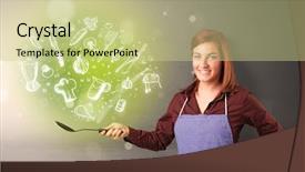  Presentation with cooking equipment kitchen utensils - Audience pleasing slide deck consisting of health wealth - cooking with green doodle vegetables backdrop and a soft green colored foreground