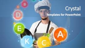  Presentation with health wealth - PPT theme consisting of health wealth - handsome cook with kitchen instruments background and a teal colored foreground
