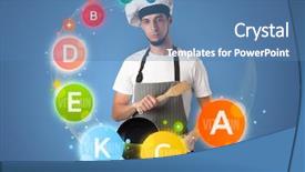  Presentation with health wealth - Presentation design having health wealth - handsome cook with kitchen instruments background and a teal colored foreground