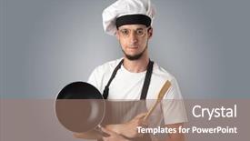  Presentation with kitchen - Colorful theme enhanced with health wealth - young bearded cook portrait backdrop and a coral colored foreground