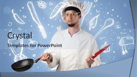  Presentation with health wealth - Slides consisting of health wealth - young cook with kitchen instruments background and a light blue colored foreground