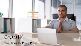  Presentation with health wellbeing - Theme enhanced with health wellbeing workplace - male executive doing yoga background and a soft green colored foreground