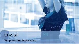  Presentation with shares - Colorful presentation design enhanced with health wellbeing workplace - stocks and shares against female backdrop and a light blue colored foreground